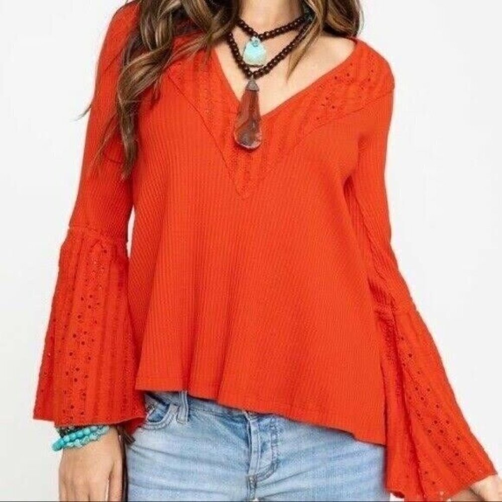 Free People Bright Orange Bell Sleeve V-Neck Top